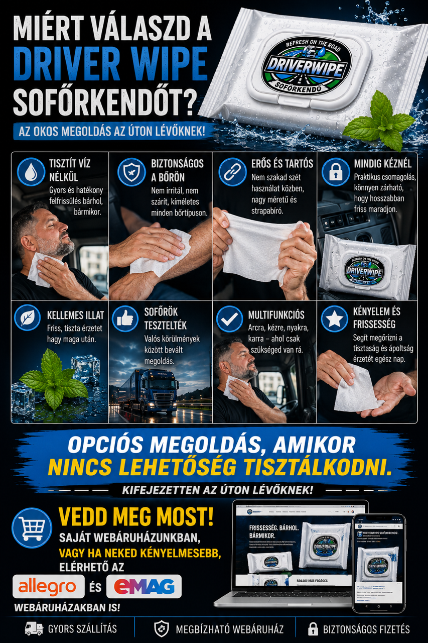 Sofőrkendő-Driver Wipe 20x30 cm nedves törlőkenő Tisztálkodás víz nélkül