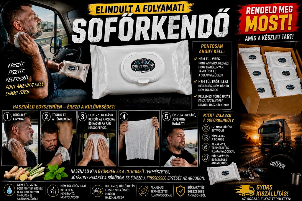 Sofőrkendő-Driver Wipe 20x30 cm nedves törlőkenő Tisztálkodás víz nélkül
