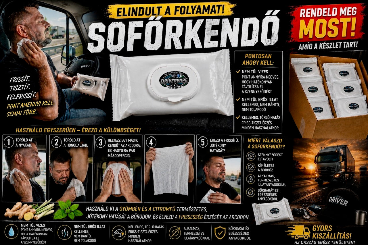 Sofőrkendő-Driver Wipe 20x30 cm nedves törlőkenő Tisztálkodás víz nélkül