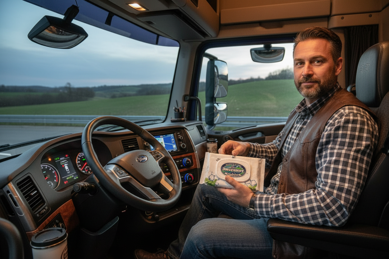 Sofőr európai bal kormányos kamionban Driverwipe termékkel
