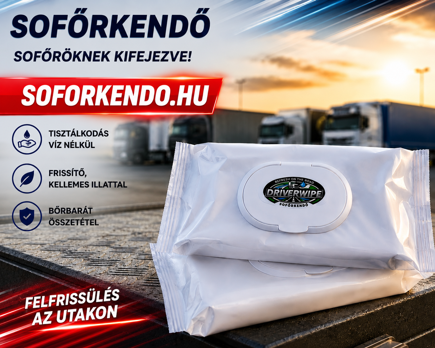 Sofőrkendő-Minőségi 20x30 cm méretű 36 db nedves törlőkenő Tisztálkodás víz nélkül